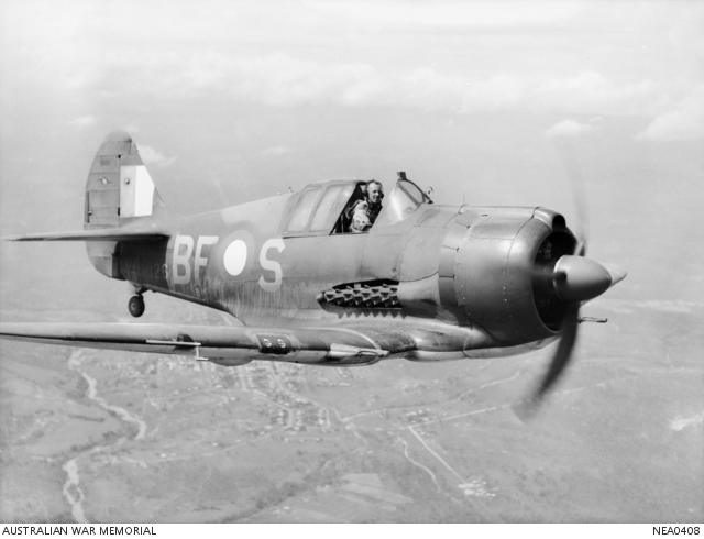 An Australian-built CAC Boomerang fighter aircraft coded BF-S (serial no. A46-126) nicknamed "Sinbad II" of No. 5 (Tactical Reconnaissance) Squadron RAAF, piloted by 402769 Flight Lieutenant A. W. B. Clare of Newcastle, NSW. Photo courtesy of Harrison, John Thomas - This image is available from the Collection Database of the Australian War Memorial under the ID Number: NEA0408