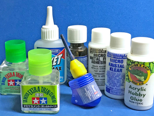 Different types of glue for plastic scale model kit making 